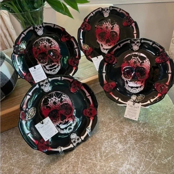 AKCAM TURKISH HALLOWEEN HAND MADE BLACK RED SHINY SKELETON PLATES NEW - Picture 3 of 7